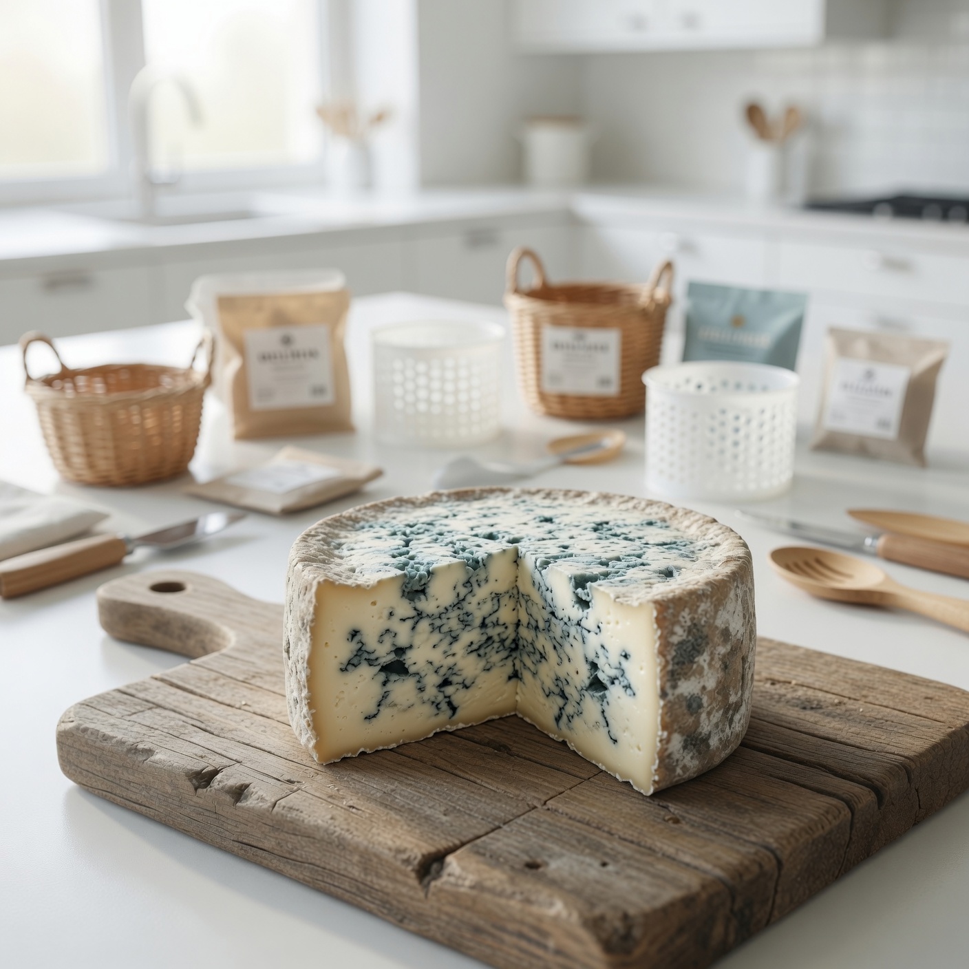 Fromage bleu maison persillé, coupé pour révéler ses veines bleu-vert